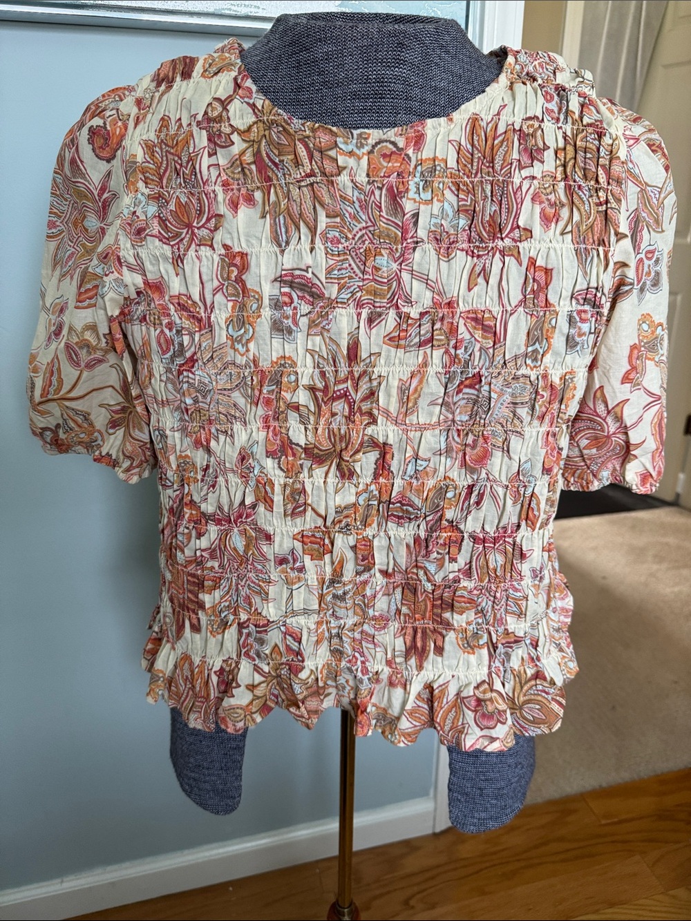 Sanctuary Cream Floral Smocked Blouse with Rust and Pink Accents